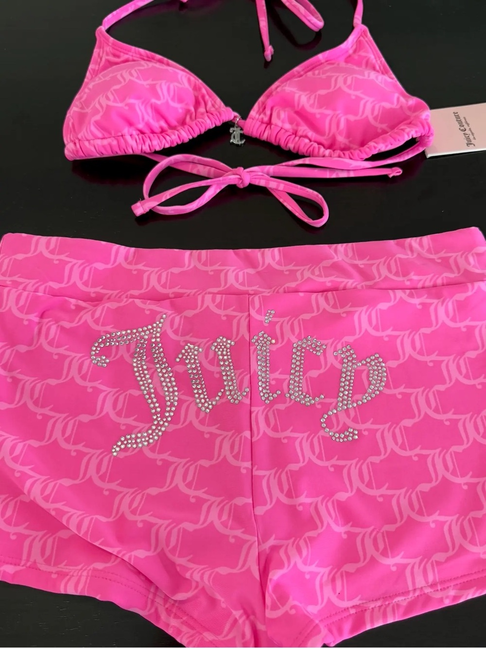 Juicy Couture Hot Pink Rhinestone Logo Bikini Set with Shorts - Picture 4 of 5